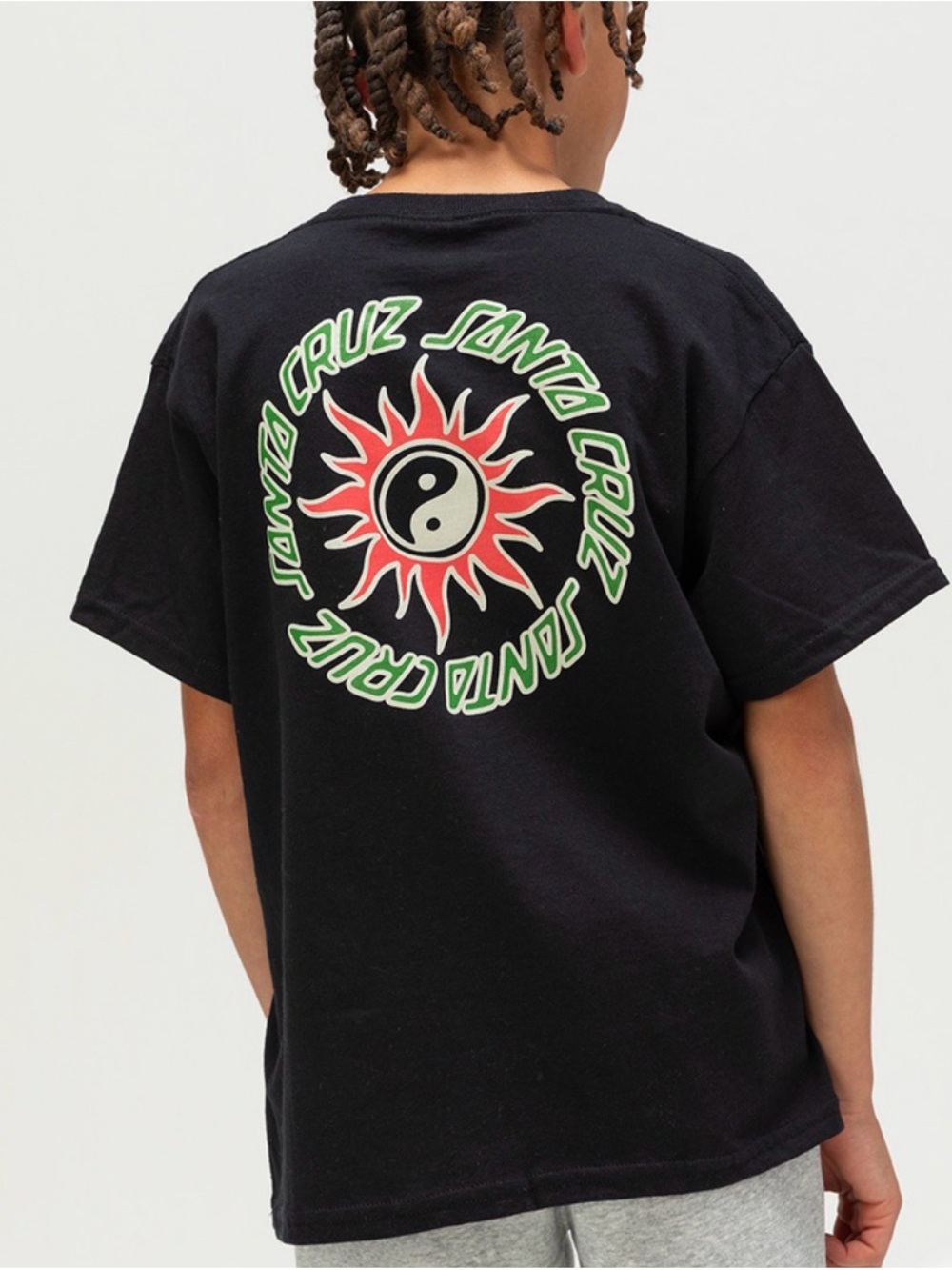 💛 Santa Cruz Kids Black Tee with Red Yin-Yang Sun and Green Logo